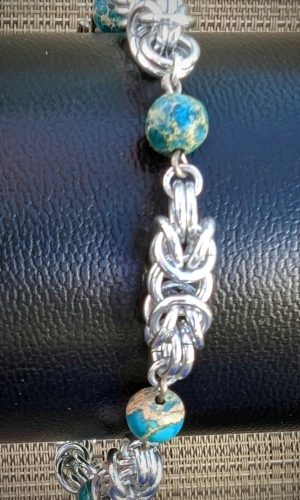 Turquoise Imperial Jasper - Silver Segmented Byzantine Bracelet